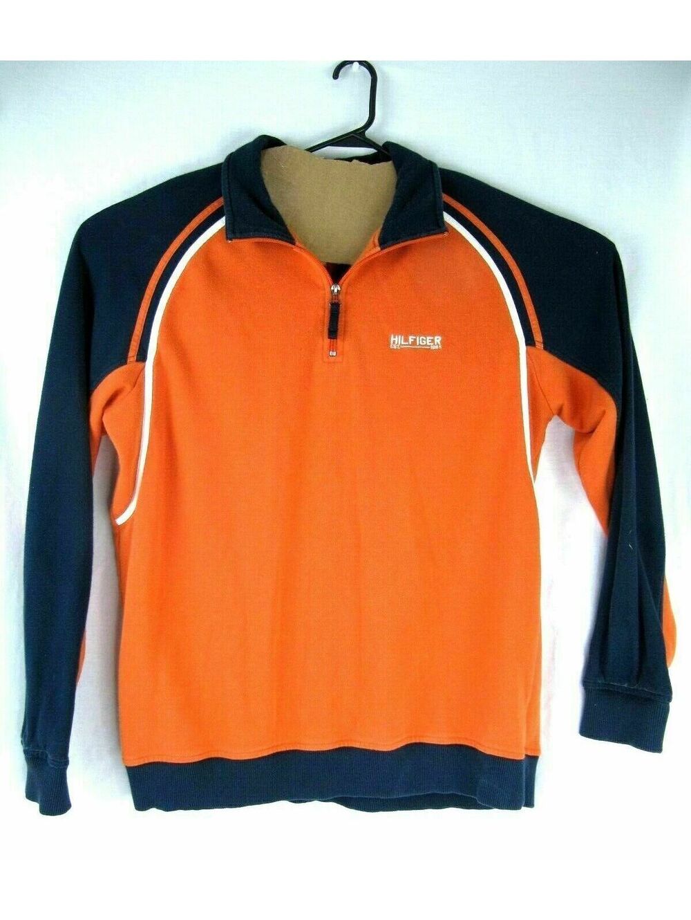 Tommy Hilfiger XL Orange Navy Blue Quarter Zip Fleece Pullover Sweatshirt 24x29